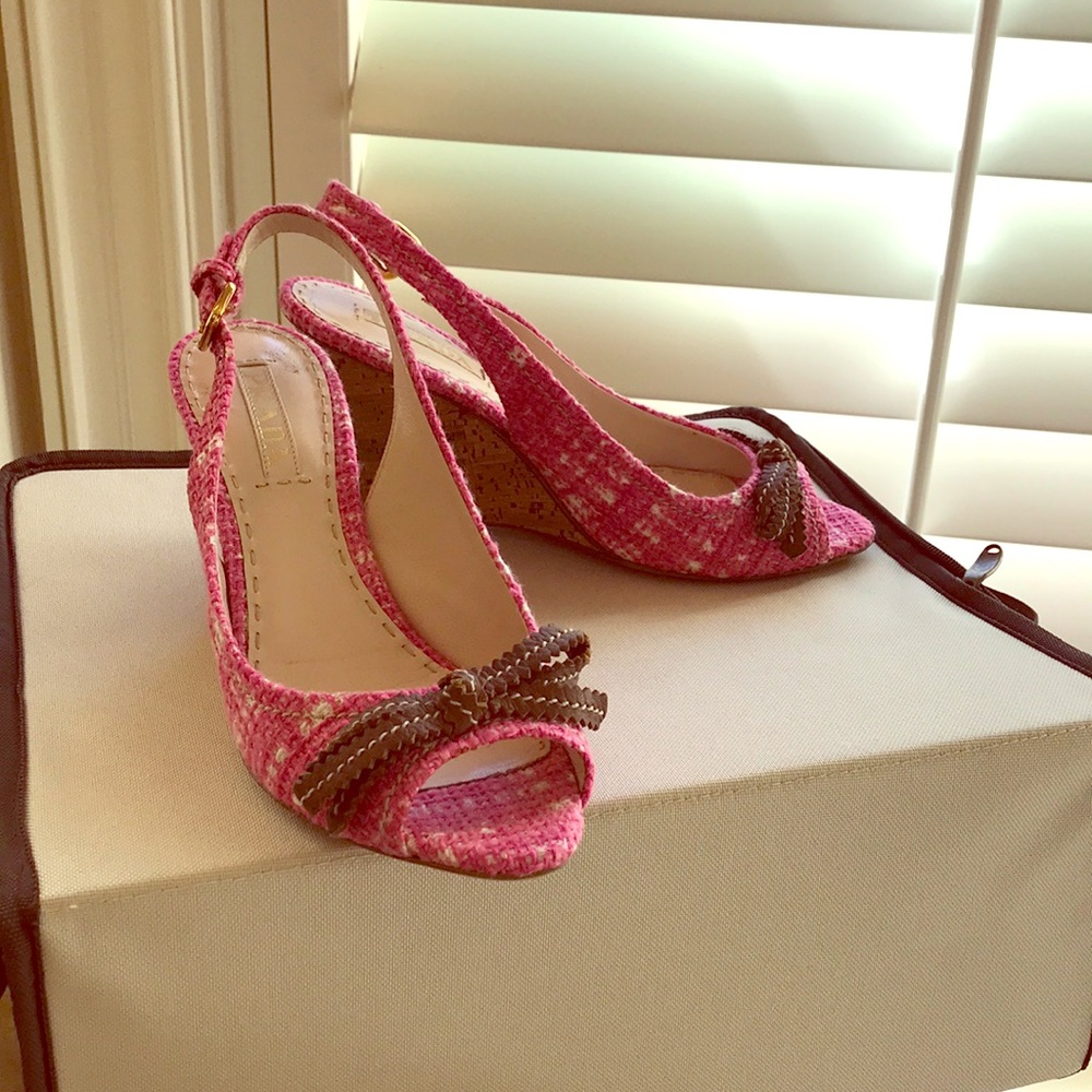 Prada pink tweed cork peep toe wedge 39 1/2